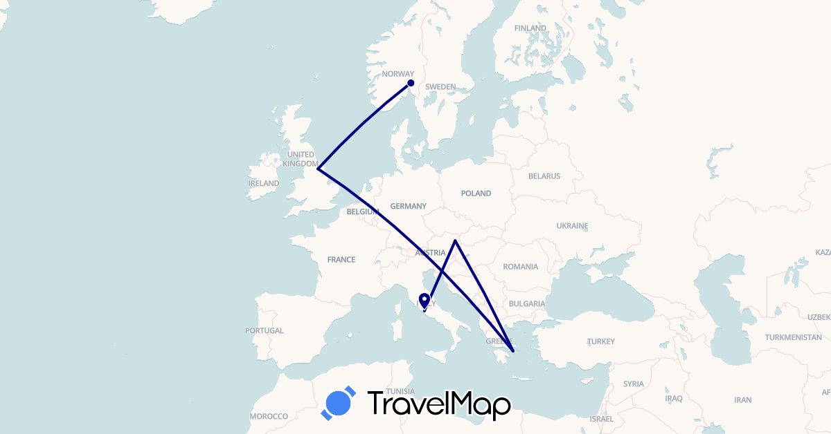 TravelMap itinerary: driving in Austria, United Kingdom, Greece, Norway, Vatican City (Europe)